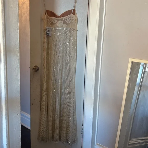 Self Portrait cream rhinestone mesh maxi dress elegant cocktail ethereal US 12 - Picture 11 of 16